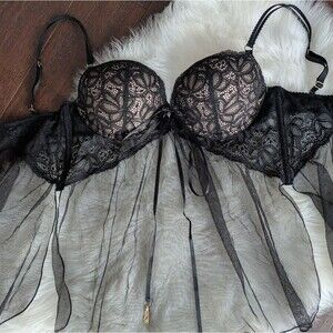 Victorias Secret Black Lace Babydoll Lingerie Gold Accents Chemise 36D